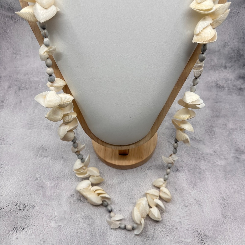 Long Seashell Cluster Necklace White Gray Beads Boho Coastal Statement Vintage